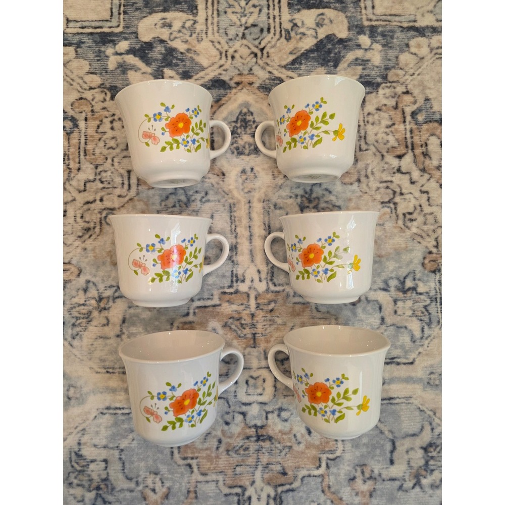 Vintage 1970's Corning Ware Corelle Coffee Mug Set of 6 in Wildflower Print